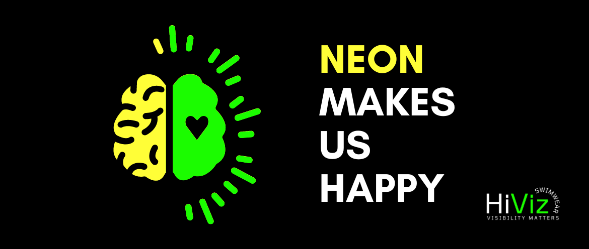 Graphic of a brain slpit in half with a heat and in neon colors with text that says "Neon Makes Us Happy"